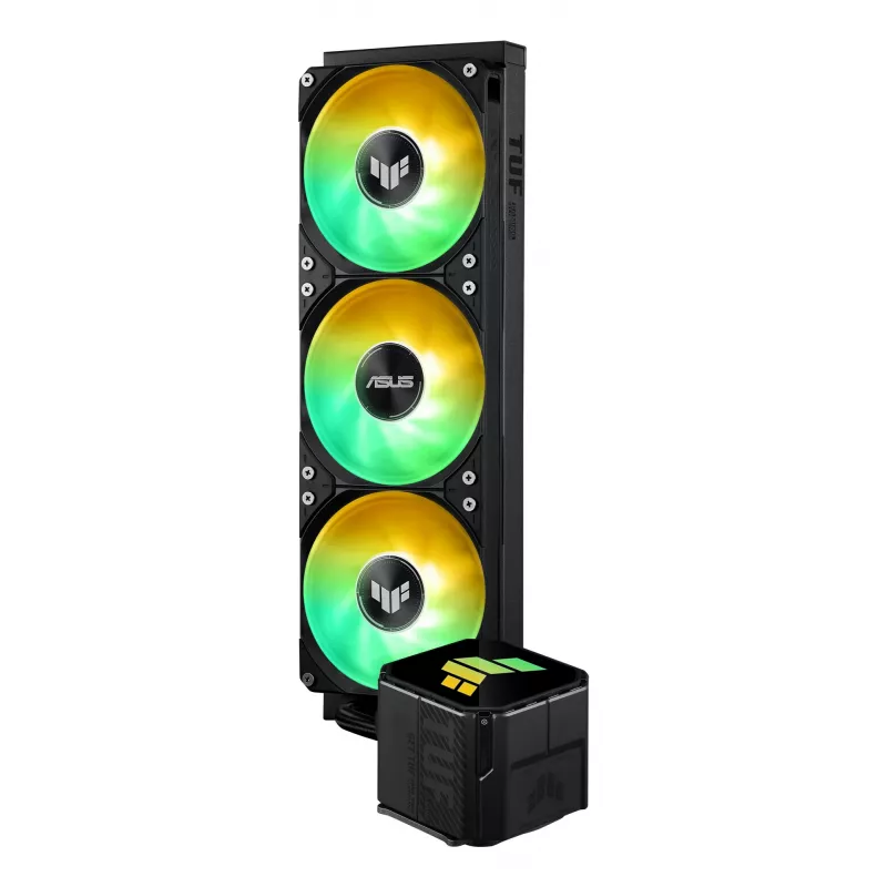 Universāls šķidruma dzesētājs ASUS TUF GAMING LC III 360 ARGB — 120 mm ventilatori, atbalsta AM4/LGA1200/LGA1700/AM5, melns