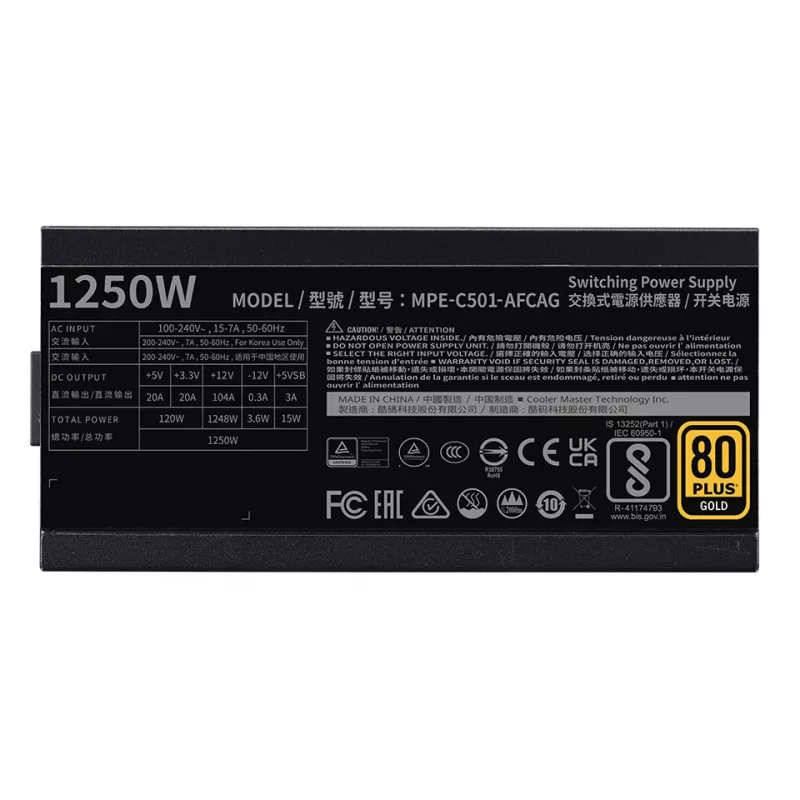COOLER MASTER Barošanas bloks Mwe 1250 V2 Gold, pilnībā modulārs, 1250W, ATX, melns