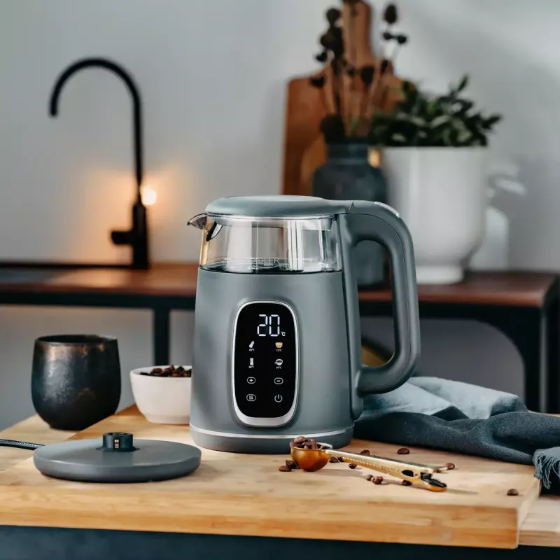 Elektriskā tējkanna Adler AD 1305 G — 1,7 L, 2200 W, regulējams termostats, LED displejs, pelēka