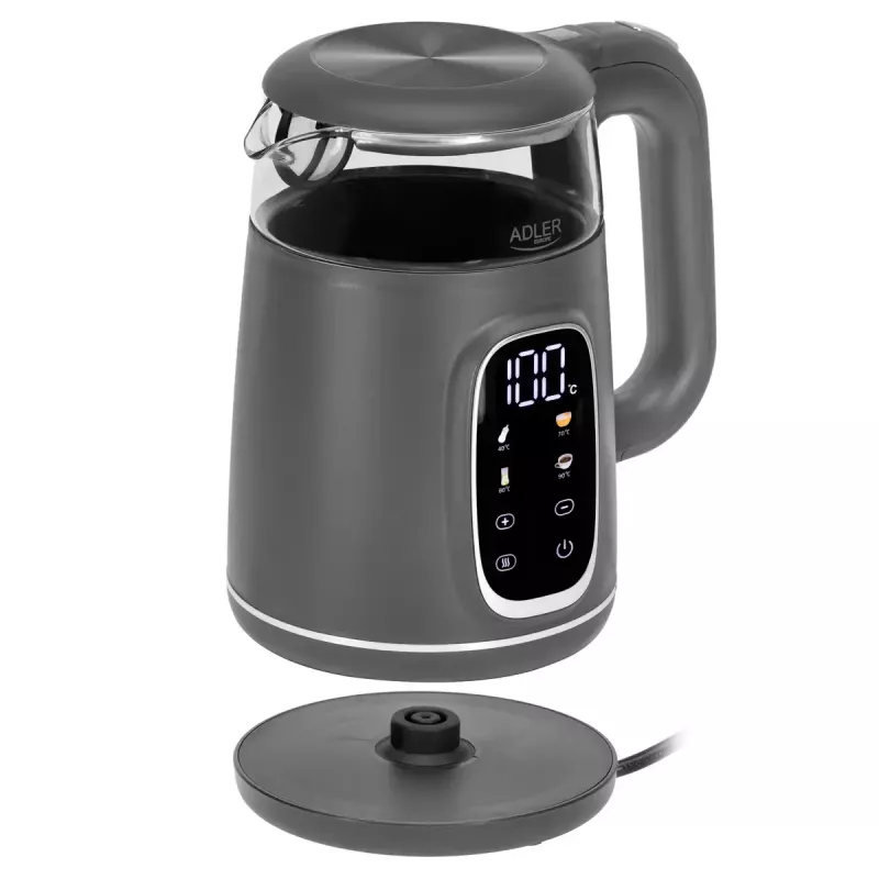 Elektriskā tējkanna Adler AD 1305 G — 1,7 L, 2200 W, regulējams termostats, LED displejs, pelēka
