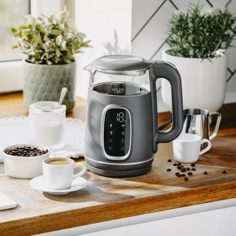 Elektriskā tējkanna Adler AD 1305 G — 1,7 L, 2200 W, regulējams termostats, LED displejs, pelēka