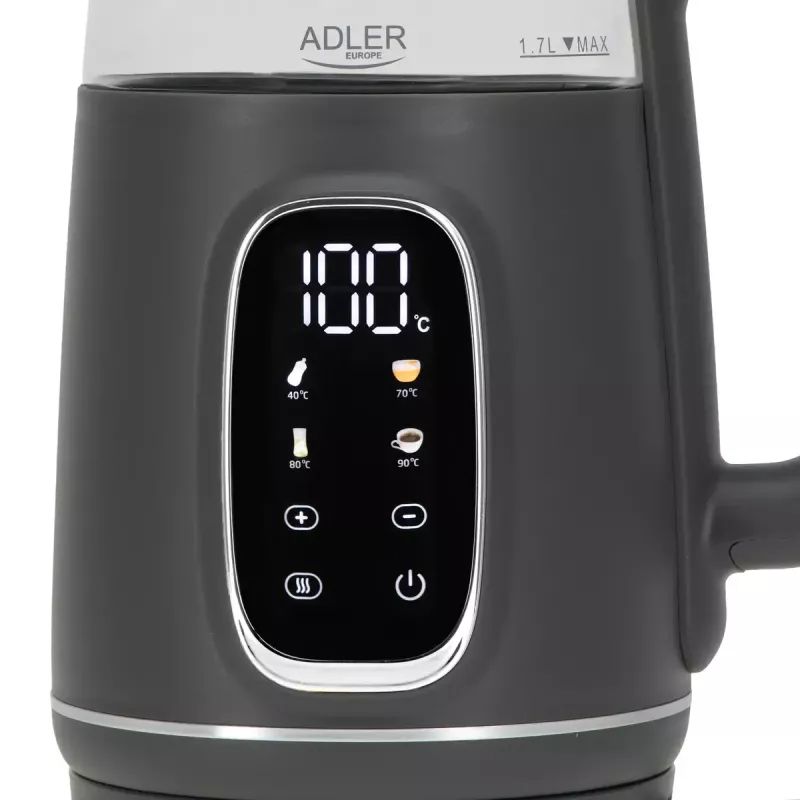 Elektriskā tējkanna Adler AD 1305 G — 1,7 L, 2200 W, regulējams termostats, LED displejs, pelēka