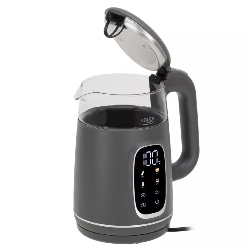 Elektriskā tējkanna Adler AD 1305 G — 1,7 L, 2200 W, regulējams termostats, LED displejs, pelēka