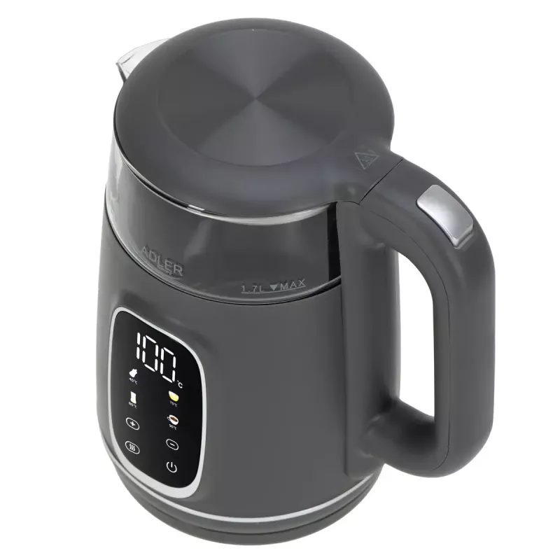 Elektriskā tējkanna Adler AD 1305 G — 1,7 L, 2200 W, regulējams termostats, LED displejs, pelēka