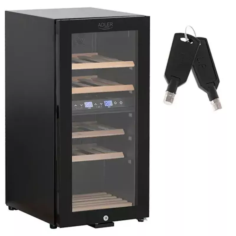 Termoelektriskais vīna dzesētājs Adler AD 8080, brīvi stāvošs melns, 24 pudeles, 2 zonas, 60 L, skārienvadība