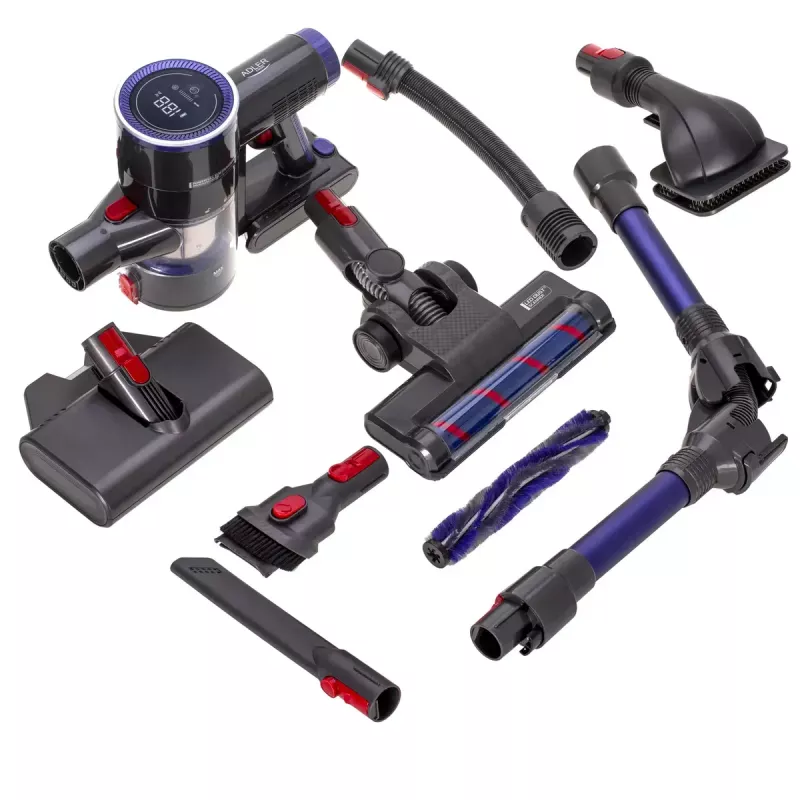 Bezvada putekļsūcējs Adler AD 7061 Allergy-friendly PRO — 22,2 V akumulators, 30 min darbības laiks, 0,8 l bezmaisa putekļu tvertne, EPA12/HEPA13 filtrācija, 350 W maks., melns