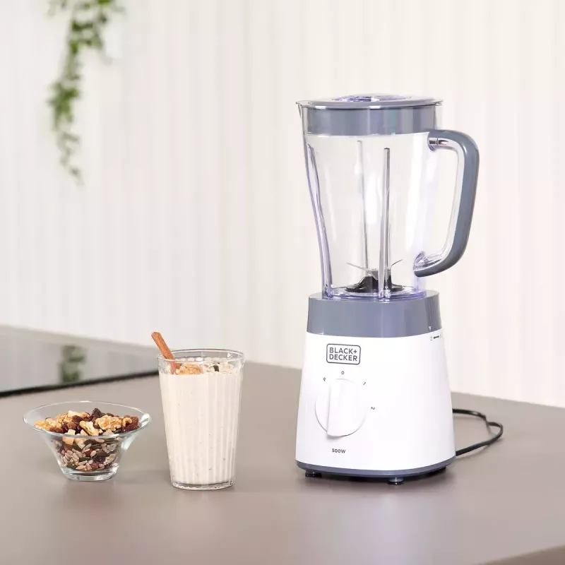 Galda blenderis Melns & Decker BXJB500E — 1,5 L stikla trauks, 500 W, 2 ātrumi, pulsa režīms, ledus smalcināšana