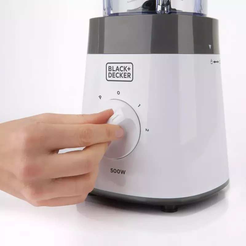 Galda blenderis Melns & Decker BXJB500E — 1,5 L stikla trauks, 500 W, 2 ātrumi, pulsa režīms, ledus smalcināšana