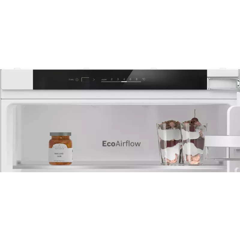 Iebūvējamais ledusskapis-sal dētava Bosch Serie 4 KIV86VFE1 — 267 L kopējā (183 L ledusskapis / 84 L saldētava), apakšā novietota saldētava, balts