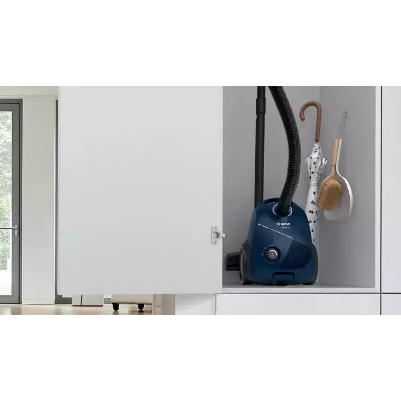 Cilindriskais putekļsūcējs Bosch Serie 2 BGBS2BU1T — 850 W, 3,5 L putekļu maiss, 8 m darbības rādiuss, zils
