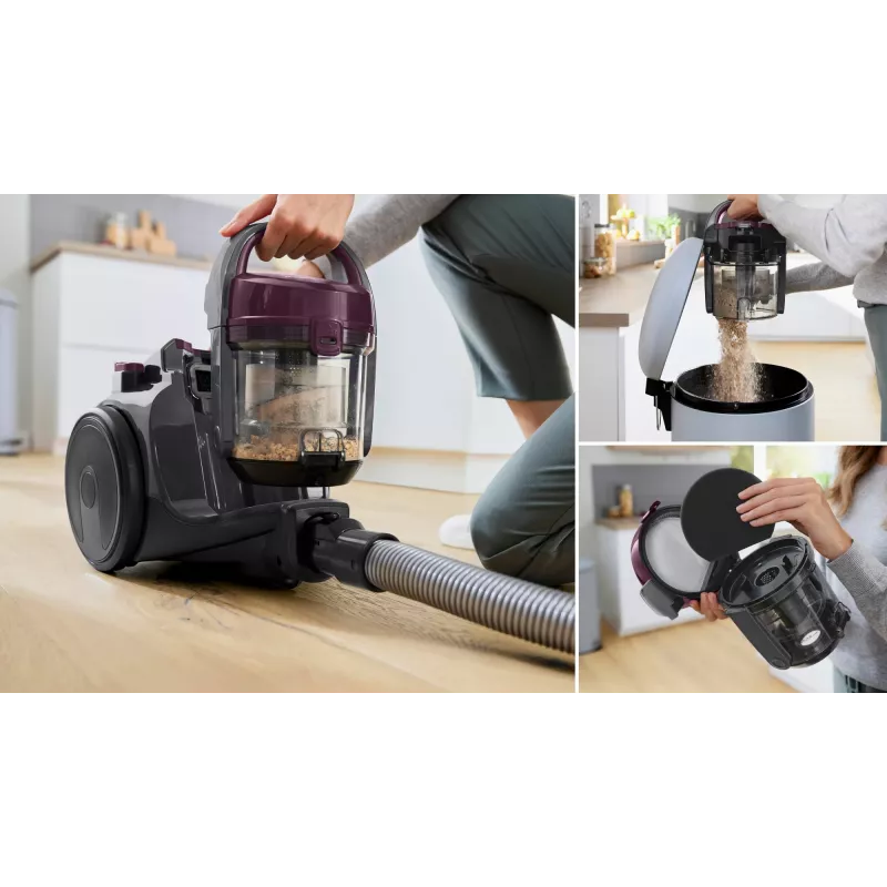 Cilindrisks putekļsūcējs Bosch BGC05AAA1 — 700 W, 1,5 L bez putekļu maisa, HEPA 12, teleskopiska nerūsējošā tērauda caurule, 9 m rādiuss, pelēks