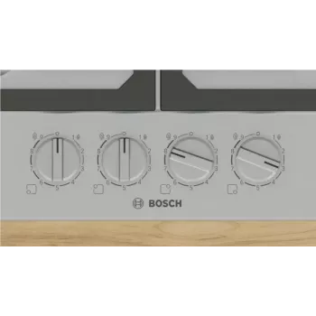 Iebūvējamā gāzes plīts virsma Bosch PCH6A5I90 — 60 cm, nerūsējošais tērauds, 4 gāzes zonas + 1 wok, Flame Select, čuguna pannas balsti