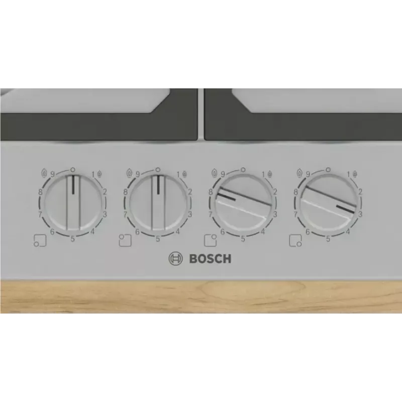 Iebūvējamā gāzes plīts virsma Bosch PCH6A5I90 — 60 cm, nerūsējošais tērauds, 4 gāzes zonas + 1 wok, Flame Select, čuguna pannas balsti