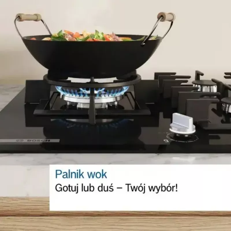 Iebūvējamā gāzes plīts virsma Bosch PCH6A5I90 — 60 cm, nerūsējošais tērauds, 4 gāzes zonas + 1 wok, Flame Select, čuguna pannas balsti