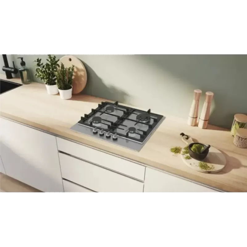 Iebūvējamā gāzes plīts virsma Bosch PCH6A5I90 — 60 cm, nerūsējošais tērauds, 4 gāzes zonas + 1 wok, Flame Select, čuguna pannas balsti