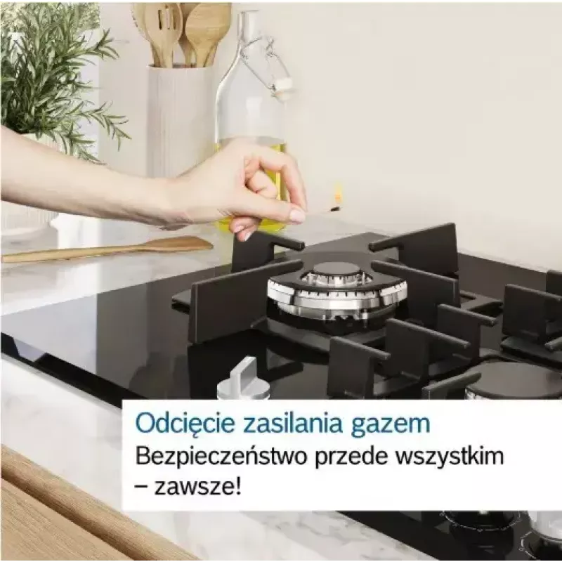 Iebūvējamā gāzes plīts virsma Bosch PCH6A5I90 — 60 cm, nerūsējošais tērauds, 4 gāzes zonas + 1 wok, Flame Select, čuguna pannas balsti