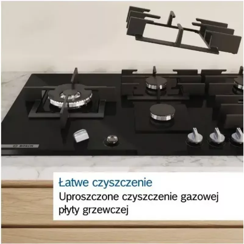 Iebūvējamā gāzes plīts virsma Bosch PCH6A5I90 — 60 cm, nerūsējošais tērauds, 4 gāzes zonas + 1 wok, Flame Select, čuguna pannas balsti