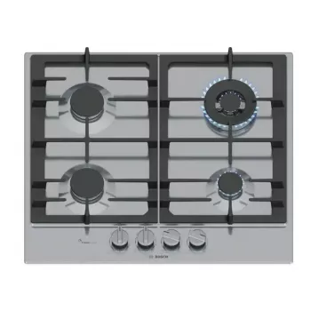Iebūvējamā gāzes plīts virsma Bosch PCH6A5I90 — 60 cm, nerūsējošais tērauds, 4 gāzes zonas + 1 wok, Flame Select, čuguna pannas balsti