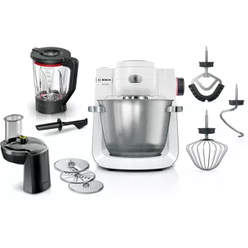 Bosch Serie 6 MUMS6EW22 virtuves kombains, 1600 W, konditorejas komplekts, blendera uzliktnis, balts/nerūsējošā tērauda