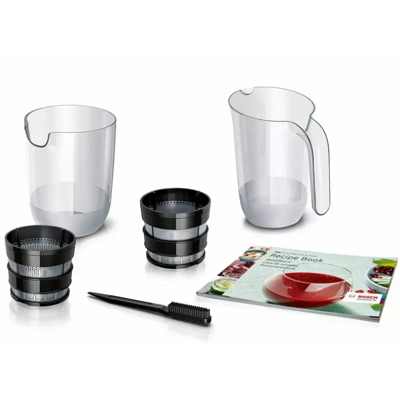 Lēnā sulu spiede Bosch MESM500W — 150 W motors, 1 L sulas tvertne, kompakti 152×152×427 mm, balta/melna