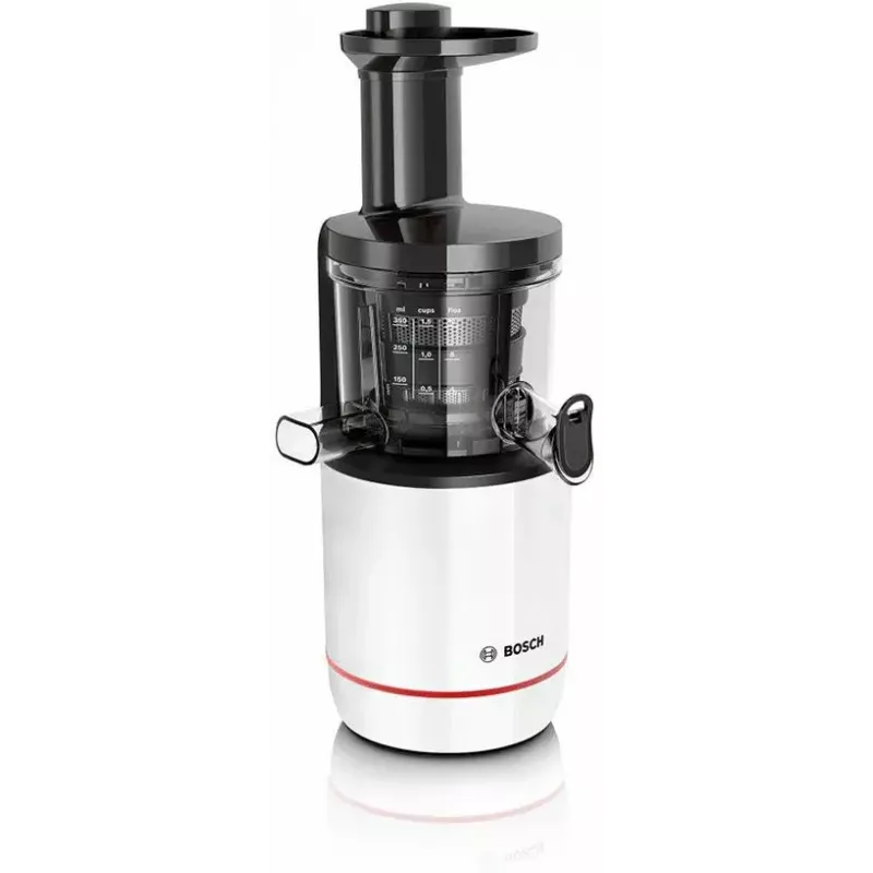Lēnā sulu spiede Bosch MESM500W — 150 W motors, 1 L sulas tvertne, kompakti 152×152×427 mm, balta/melna