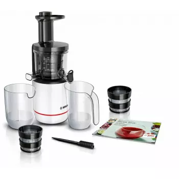 Lēnā sulu spiede Bosch MESM500W — 150 W motors, 1 L sulas tvertne, kompakti 152×152×427 mm, balta/melna