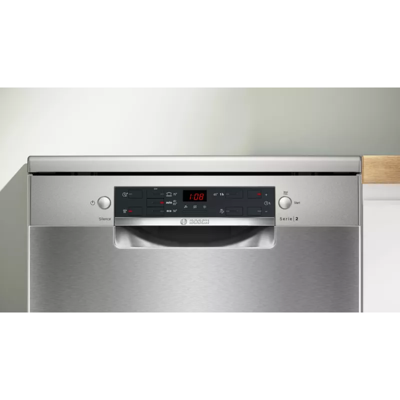 Trauku mazgājamā mašīna Bosch Serie 2 SMS25GI09F — brīvstāvoša, 12 galda piederumu komplekti, 60 cm, 46 dB, siltummaiņa žāvēšana