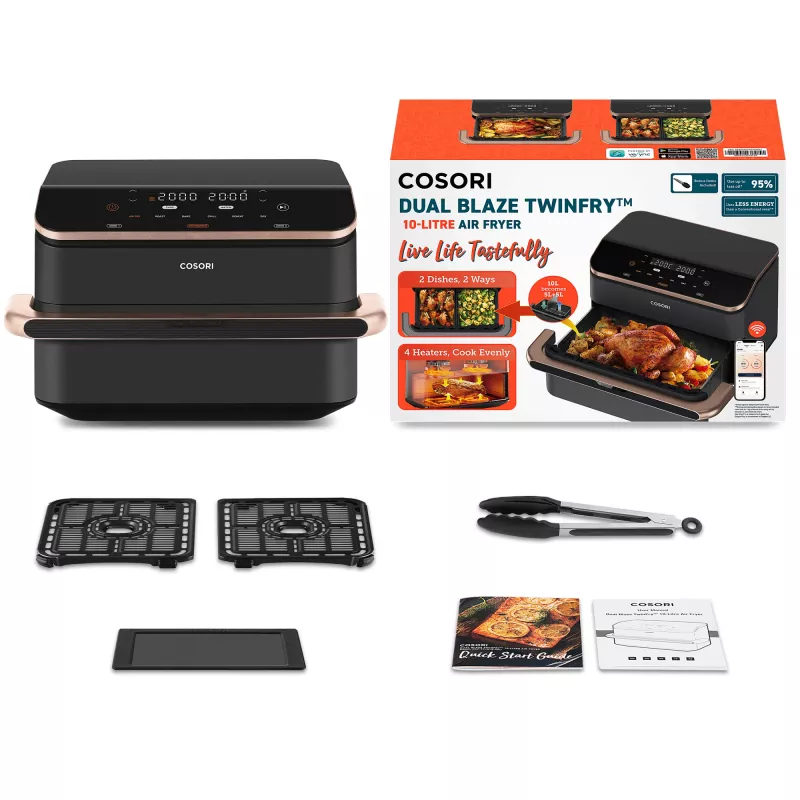 Cosori Dual Blaze Twinfry Chef Edition Dubultā 10 L brīvstāvoša 2800 W karstā gaisa fritieris Tumši pelēks, Rožu zelts