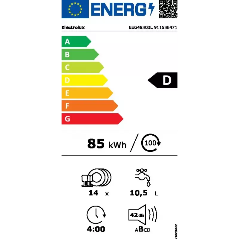 Iebūvējamā trauku mazgājamā mašīna Electrolux EEG48300L — 14 galda piederumu komplekti, 42 dB, 60 cm