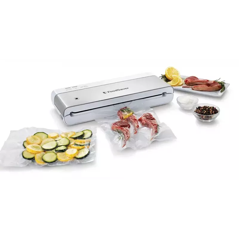 Vakuuma aizzīmogotājs FoodSaver VS0100X — rotējoša vadība, komplektā rullis un 4 vakuuma maisi, sudrabaini balts