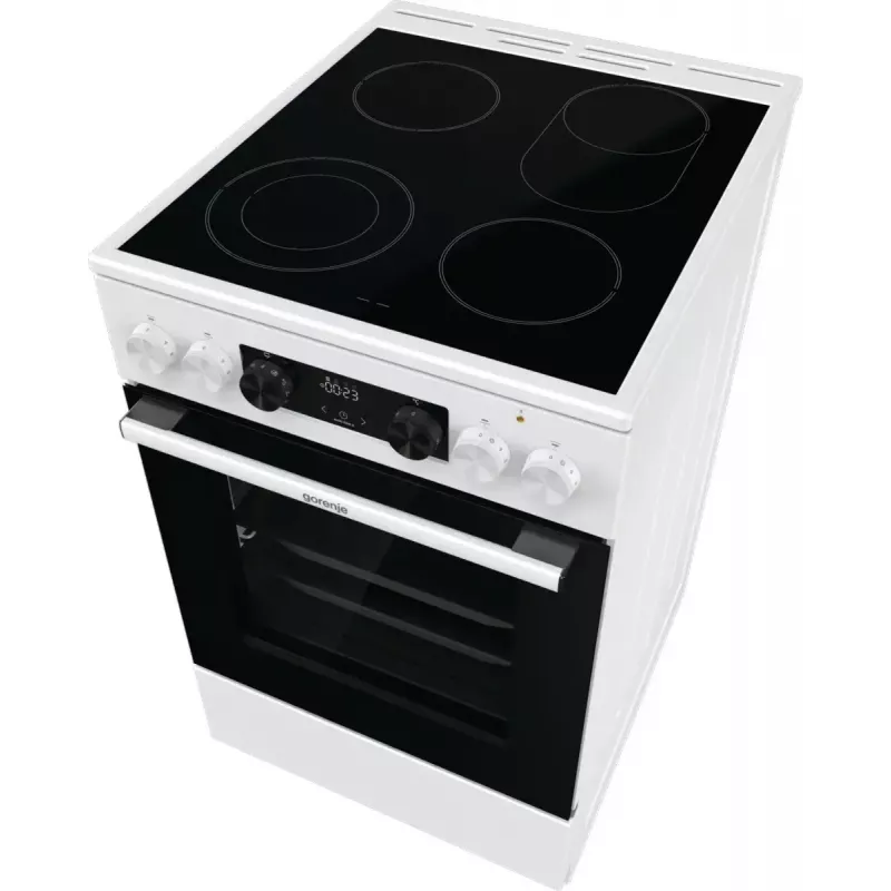 Brīvi stāvoša plīts Gorenje GECS5C70WA Elektriskā spirāļu plīts virsma, 4 zonas, balta, cepeškrāsns 70 L, grozāmās vadības ierīces, LED displejs