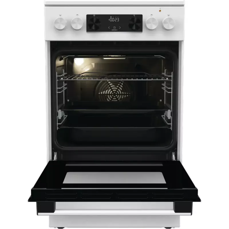 Brīvi stāvoša plīts Gorenje GECS5C70WA Elektriskā spirāļu plīts virsma, 4 zonas, balta, cepeškrāsns 70 L, grozāmās vadības ierīces, LED displejs