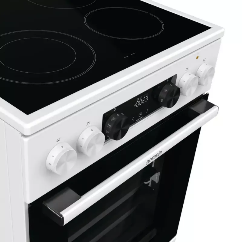 Brīvi stāvoša plīts Gorenje GECS5C70WA Elektriskā spirāļu plīts virsma, 4 zonas, balta, cepeškrāsns 70 L, grozāmās vadības ierīces, LED displejs