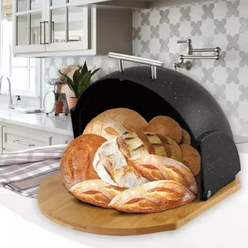 Maizes kaste Maestro MR-1678G-Melns — ovāla maizes uzglabāšanas kaste, plastmasas ar bambusa vāku, 350×200×250 mm