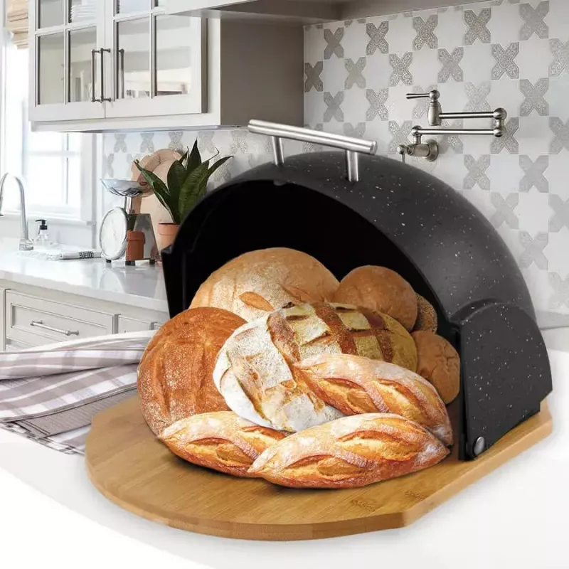 Maizes kaste Maestro MR-1678G-Melns — ovāla maizes uzglabāšanas kaste, plastmasas ar bambusa vāku, 350×200×250 mm