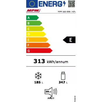 Sāniski novietotais ledusskapis MPM MPM-563-SBS-14/N — 532 L kopēji, 347 L ledusskapja nodalījums, 185 L saldētava, nerūsējošais tērauds