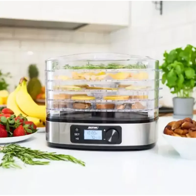Pārtikas žāvētājs MPM MSG-12 dehidrators, 6 paplātes, 380 W, 35–75 °C, 0,5–36 h taimeris, nerūsējošā tērauda korpuss