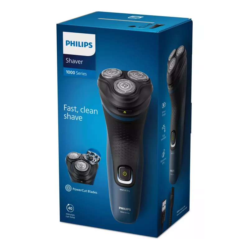 Elektriskais vīriešu skuveklis Philips S1151/00 rotācijas 3-galviņu, NiMH akumulators, mitrā un sausā skūšanās, 40 min darbības laiks, melns/zils