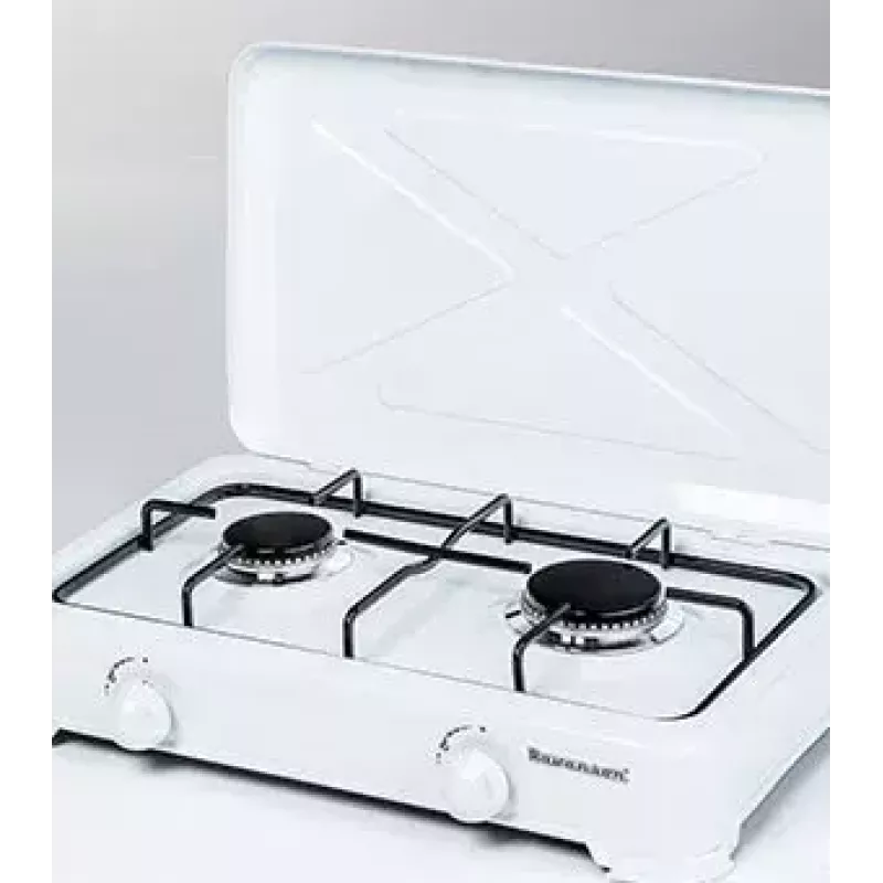 Gas hob Ravanson K-02T 2-zone tabletop stove, LPG G30, 3.71 kW, enamel surface, rotary control, metal grate