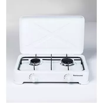 Gas hob Ravanson K-02T 2-zone tabletop stove, LPG G30, 3.71 kW, enamel surface, rotary control, metal grate