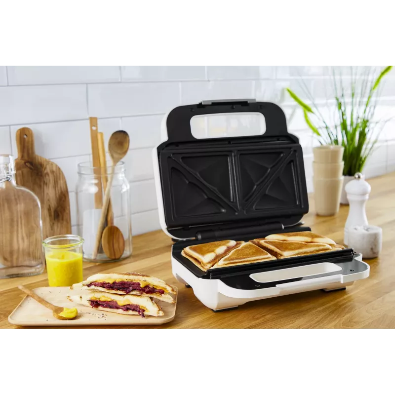Sendviču cepējs Tefal SW7011 — 850 W, nerūsējošais tērauds un balta, kompakts 238×276×98 mm