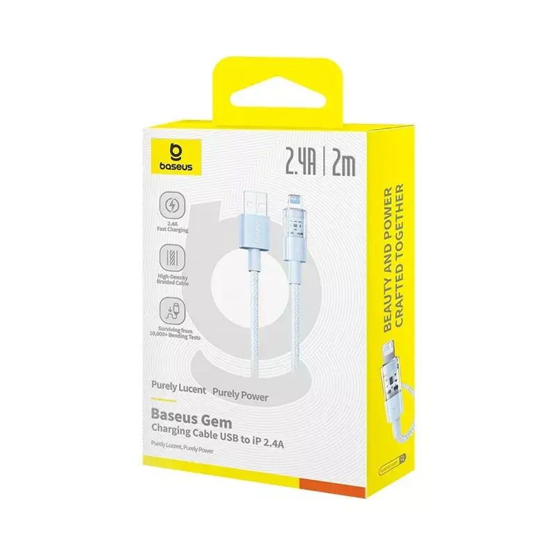 USB kabelis Baseus Gem P10373003311-01 — 2 m, 2,4 A, Lightning uz USB-A, neilona apvalks, zila