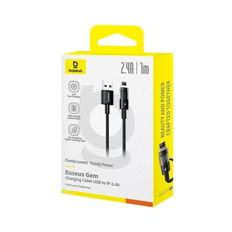 USB uzlādes kabelis Baseus Gem P10373003111-00, 1 m, 2,4 A, neilona apvalks, Lightning, USB-A, melns