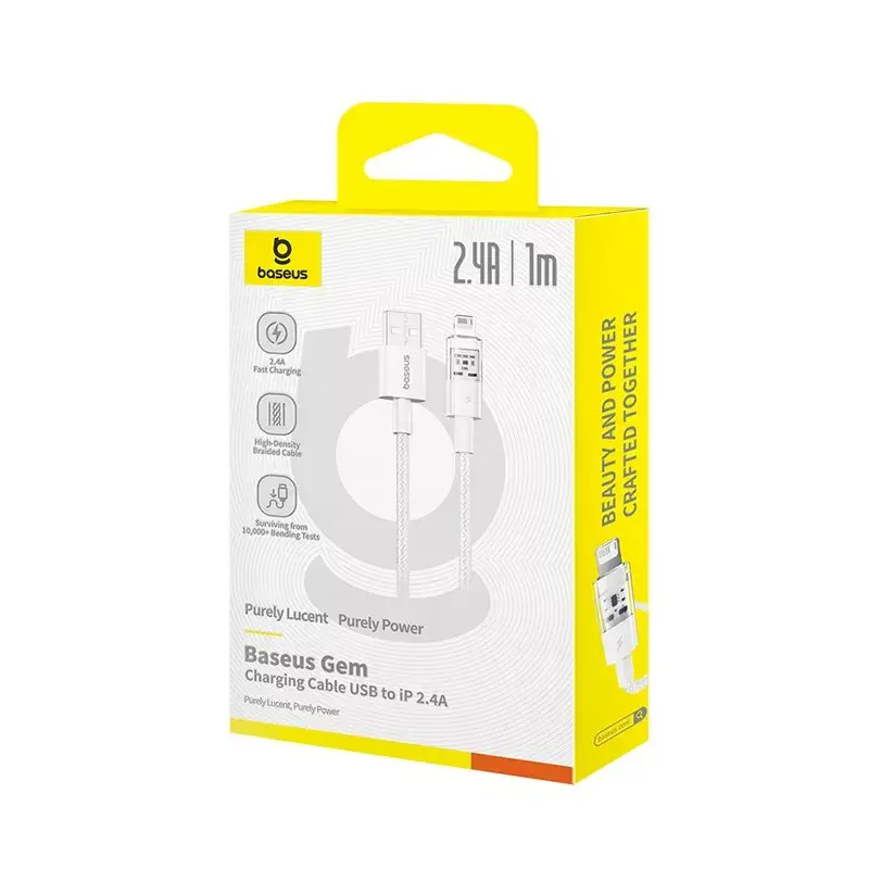 USB uzlādes kabelis Baseus Gem P10373003211-00, 1 m, 2,4 A, Lightning/USB-A, balts, neilona apvalks