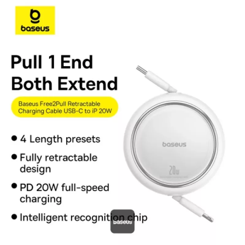 BASEUS Free2pull Paplašināms USB-C uz Ip Lightning Ātrās Uzlādes Kabelis 1 m 20 W Balts