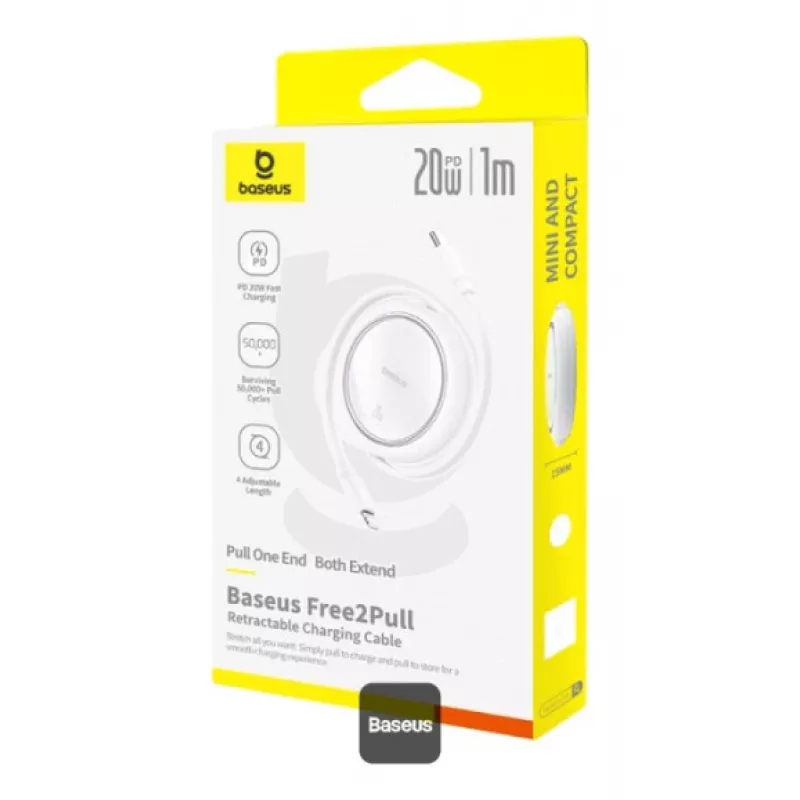 BASEUS Free2pull Paplašināms USB-C uz Ip Lightning Ātrās Uzlādes Kabelis 1 m 20 W Balts