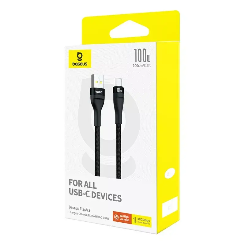 USB-A uz USB-C kabelis Baseus Flash 2 1m 100W melns, USB PD, 480 Mbps, neilons