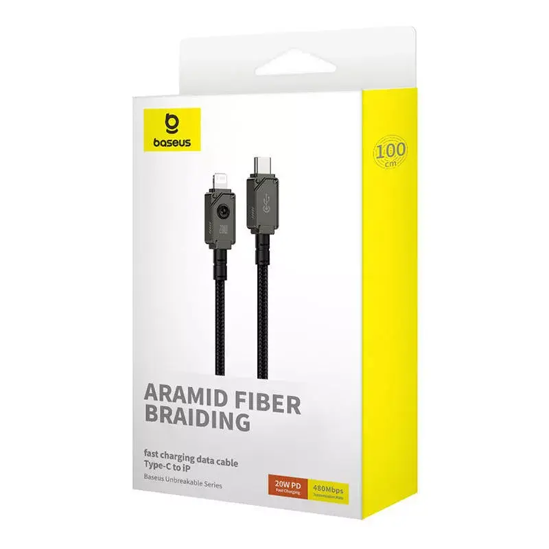 USB-C uz Lightning kabelis Baseus Unbreakable 1m 20W — Aramidšķiedra, 480 Mbit/s, melns