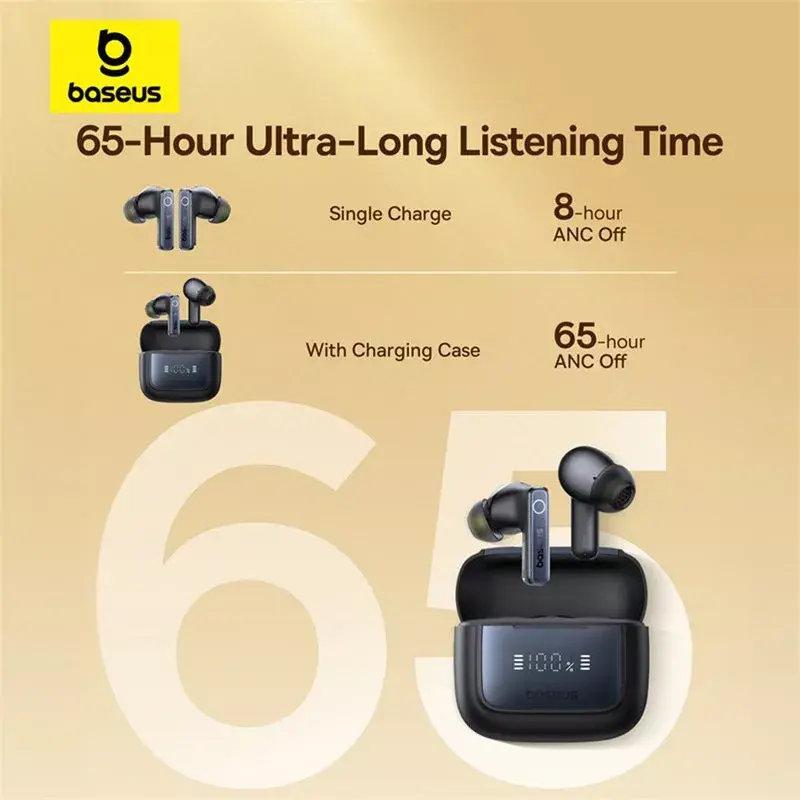 True Wireless in-ear headset Baseus 35 True — Bluetooth 5.3, ANC, 8 h atskaņošanas (ANC izslēgts), 65 h ar ietveru, 800 mAh ietvere, USB-C, melna