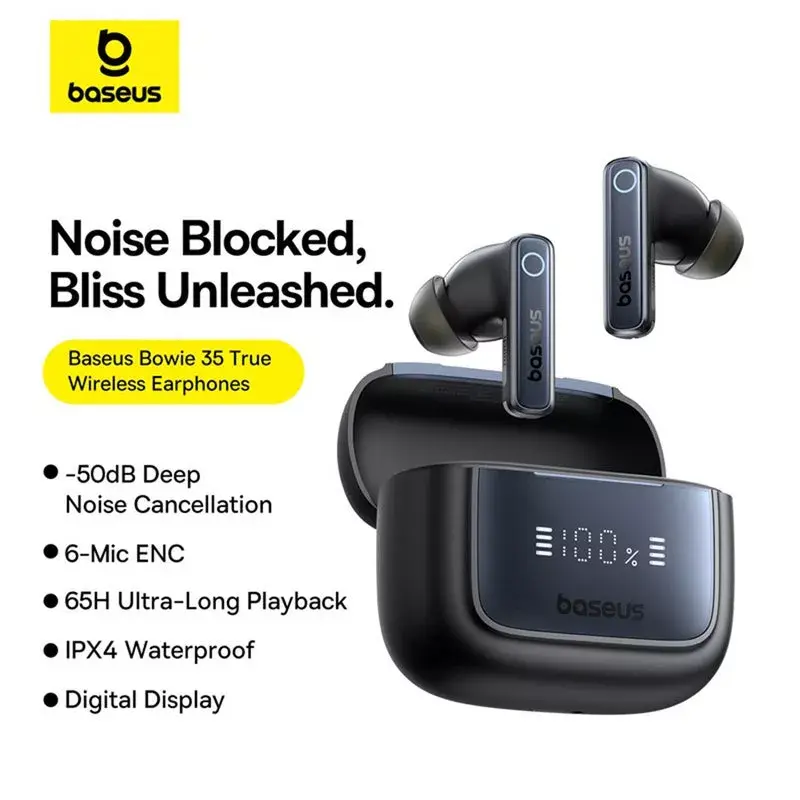 True Wireless in-ear headset Baseus 35 True — Bluetooth 5.3, ANC, 8 h atskaņošanas (ANC izslēgts), 65 h ar ietveru, 800 mAh ietvere, USB-C, melna
